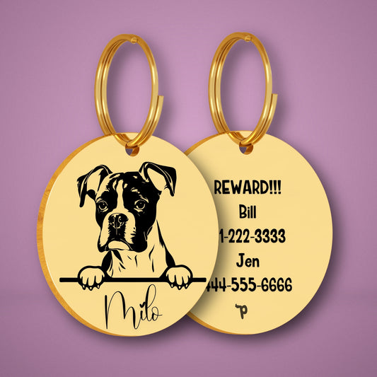 Boxer Style 2 personalized dog tag, circle shape in gold stainless steel with peek-a-boo portrait