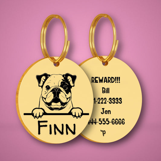 Bulldog Style 2 personalized dog tag, circle shape in gold stainless steel with peek-a-boo portrait