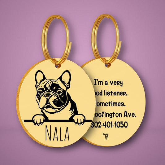 French Bulldog Style 2 personalized dog tag, circle shape in gold stainless steel with peek-a-boo portrait