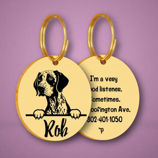 German Shorthair Style 2 personalized dog tag, circle shape in gold stainless steel with peek-a-boo portrait