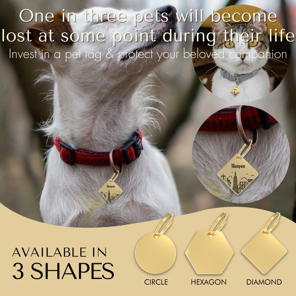 Engraved Tags - Personalized Engraved Golden Dog Tags for Pet Safety and Style (Diamond, Gold)