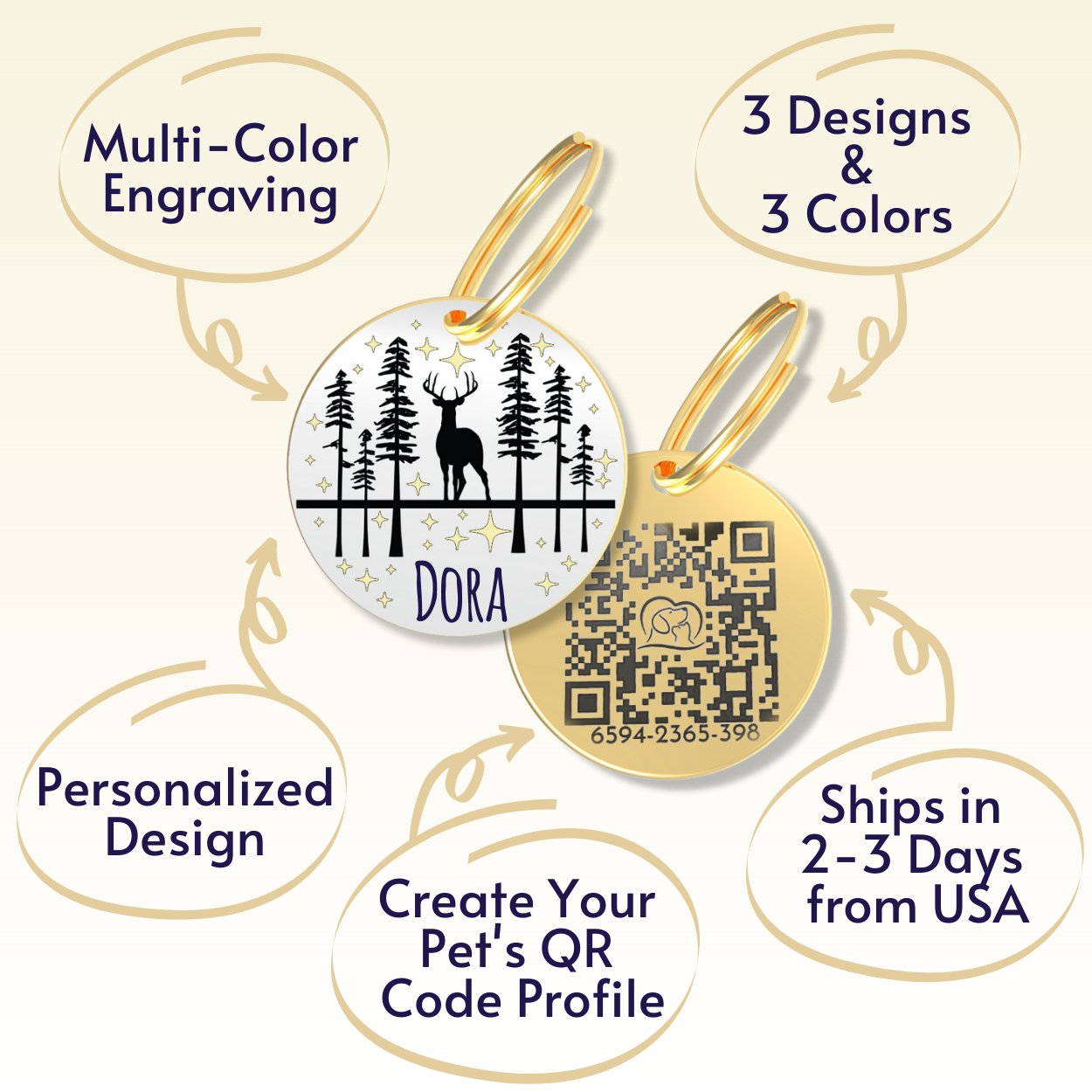 QR Tag - Personalized QR Code Dog Tag Ensure Your Pet's Safety Always (Gold, Deer)