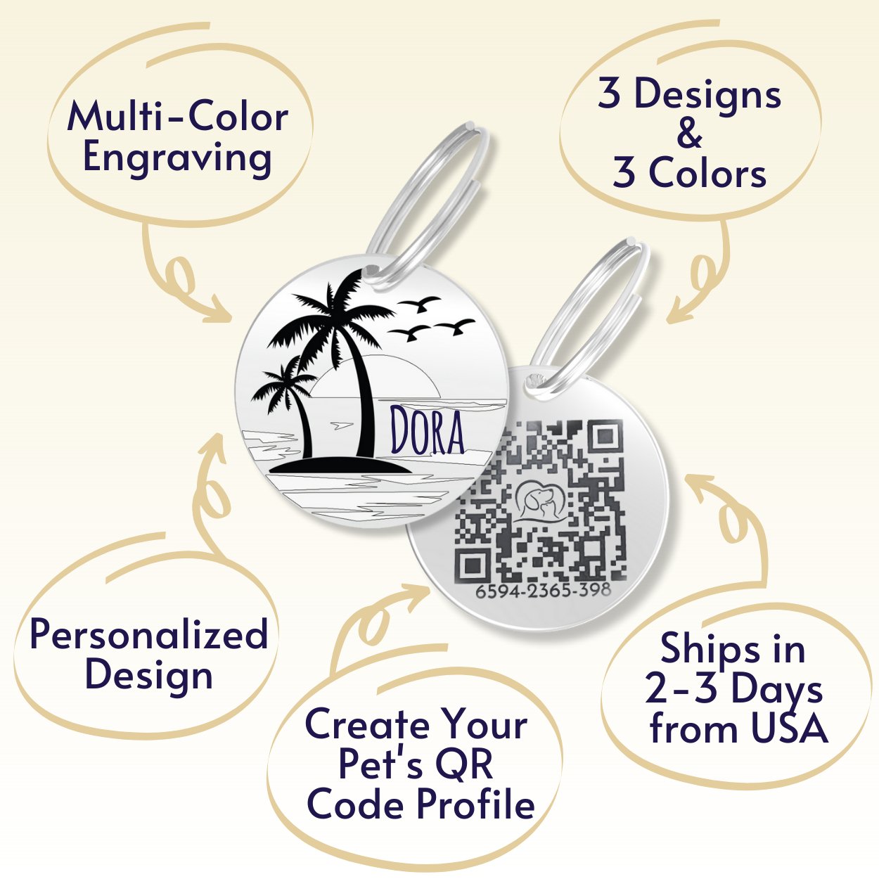 QR Tag - Personalized QR Code Dog Tag Ensure Your Pet's Safety Always (Silver, Beach)