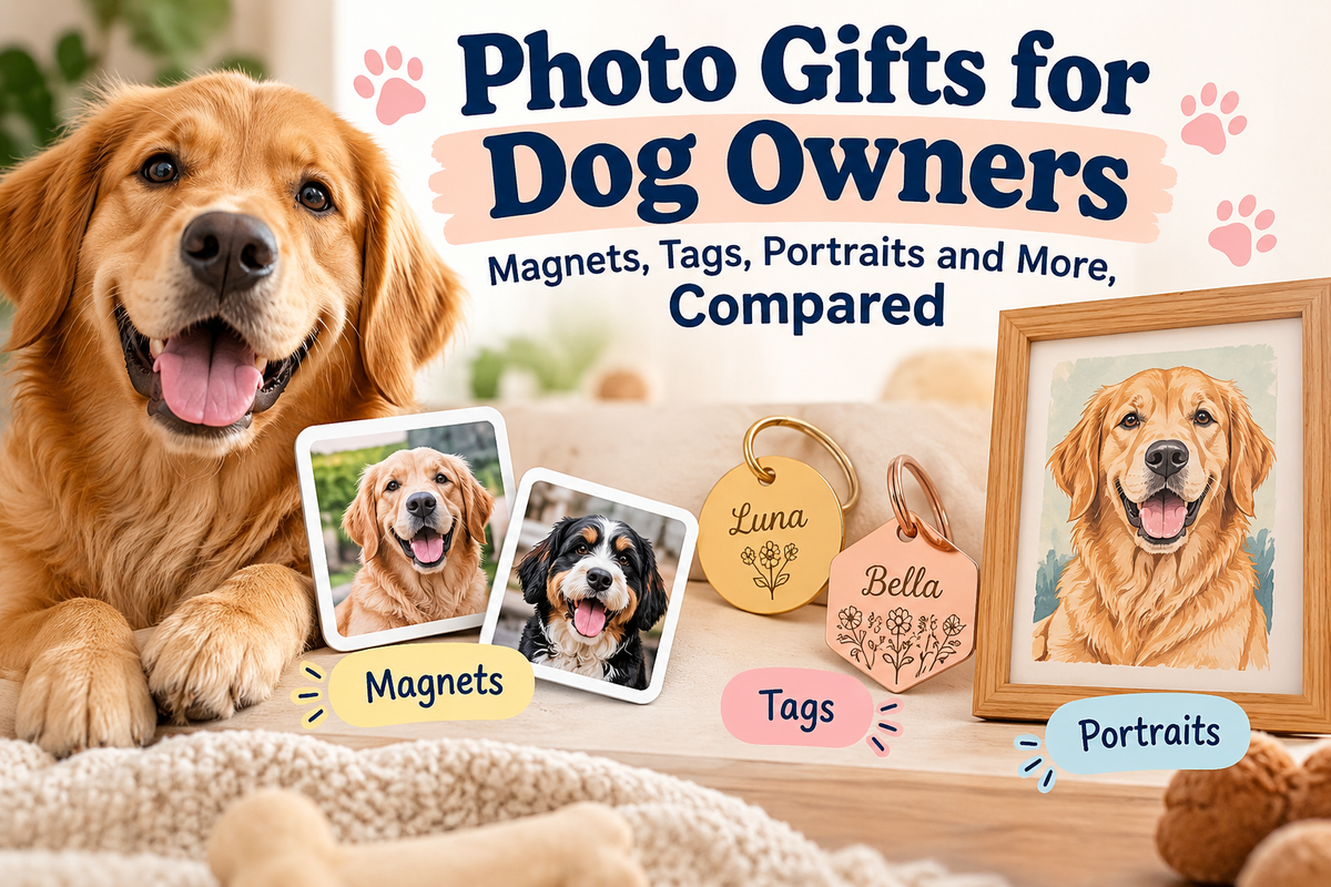 Personalized photo gifts for dog owners, including magnets, tags, and portraits