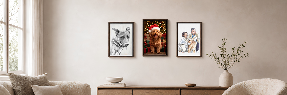 Framed portraits displayed on a living room wall