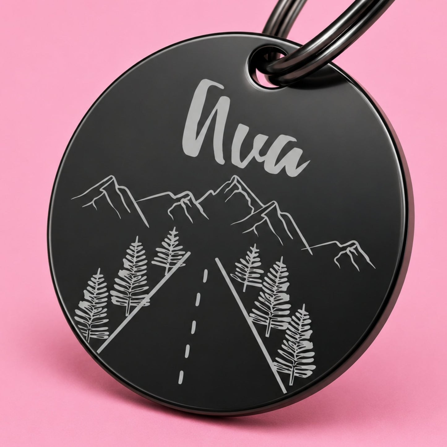 Country Road Engraved Dog Tag Circle Black