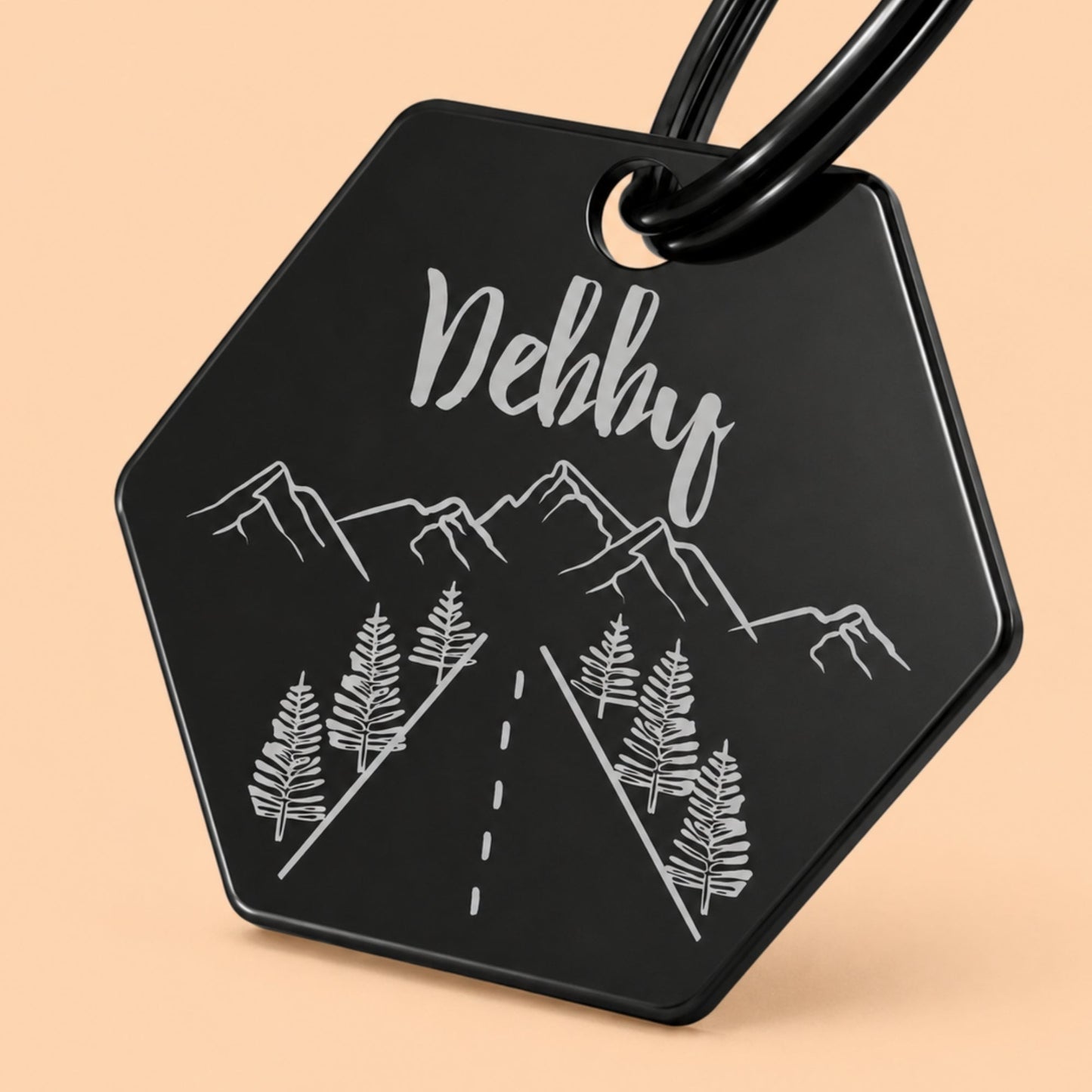 Country Road Engraved Dog Tag Hexagon Black