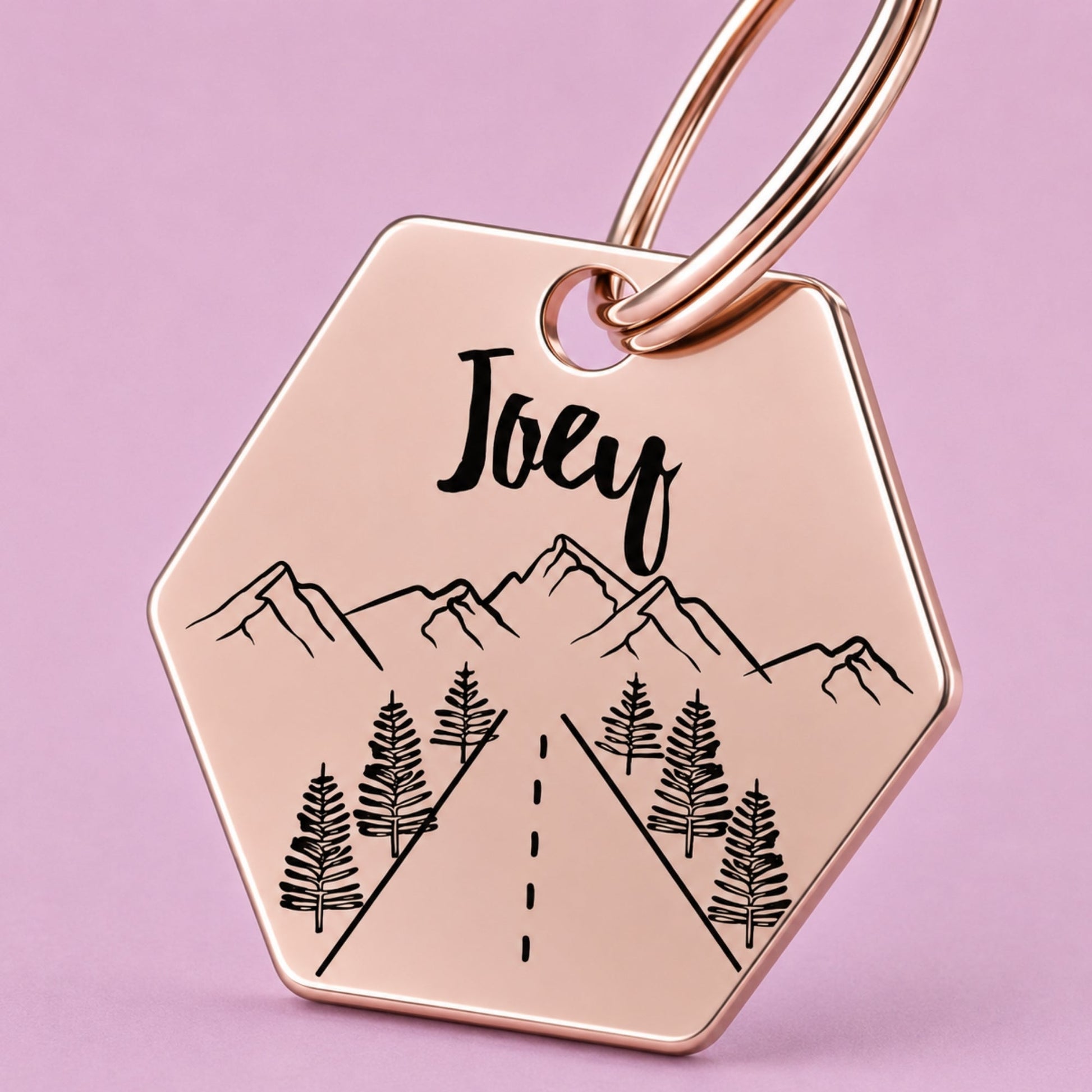 Country Road Engraved Dog Tag Hexagon Rose