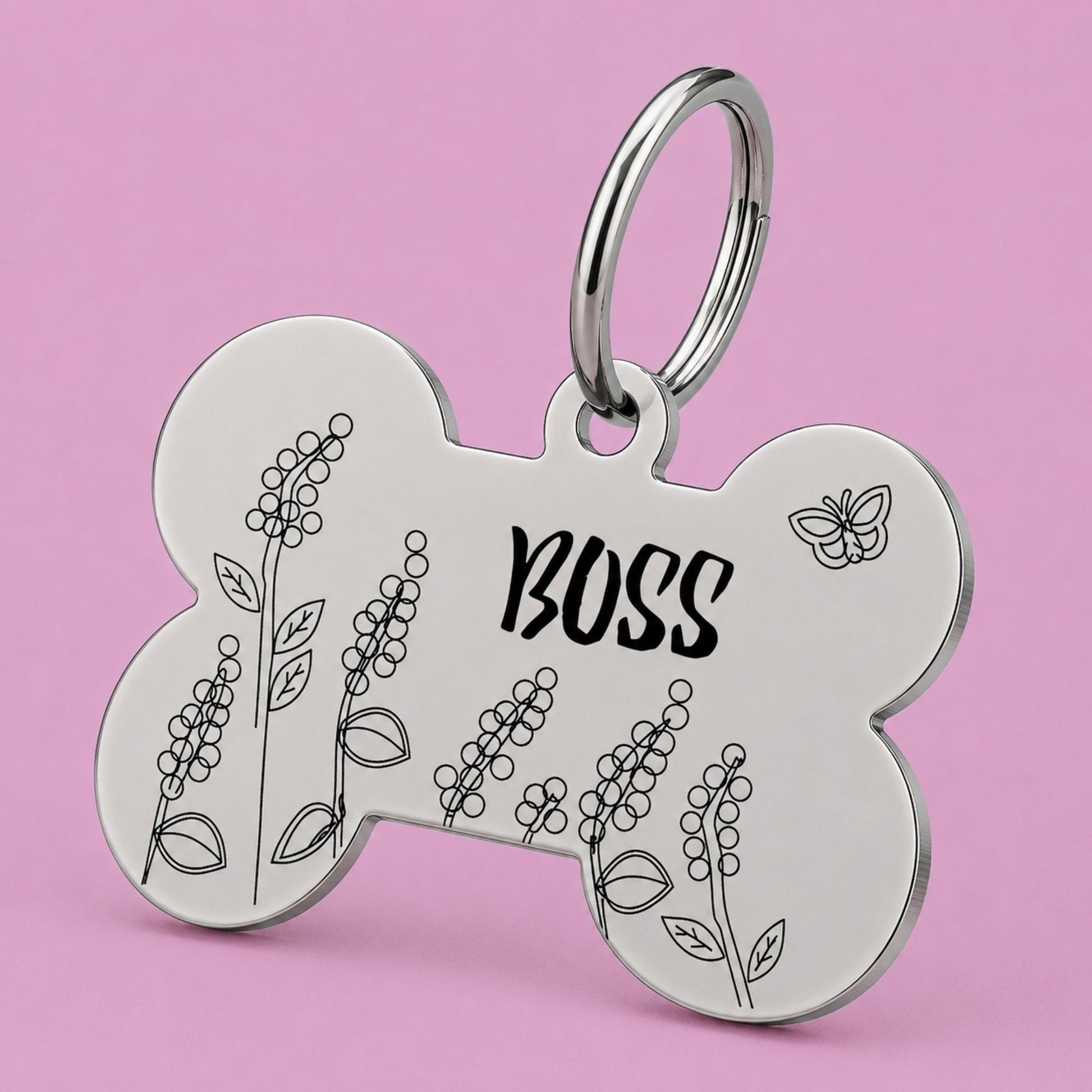 Lavender Engraved Dog Tag Bone Silver