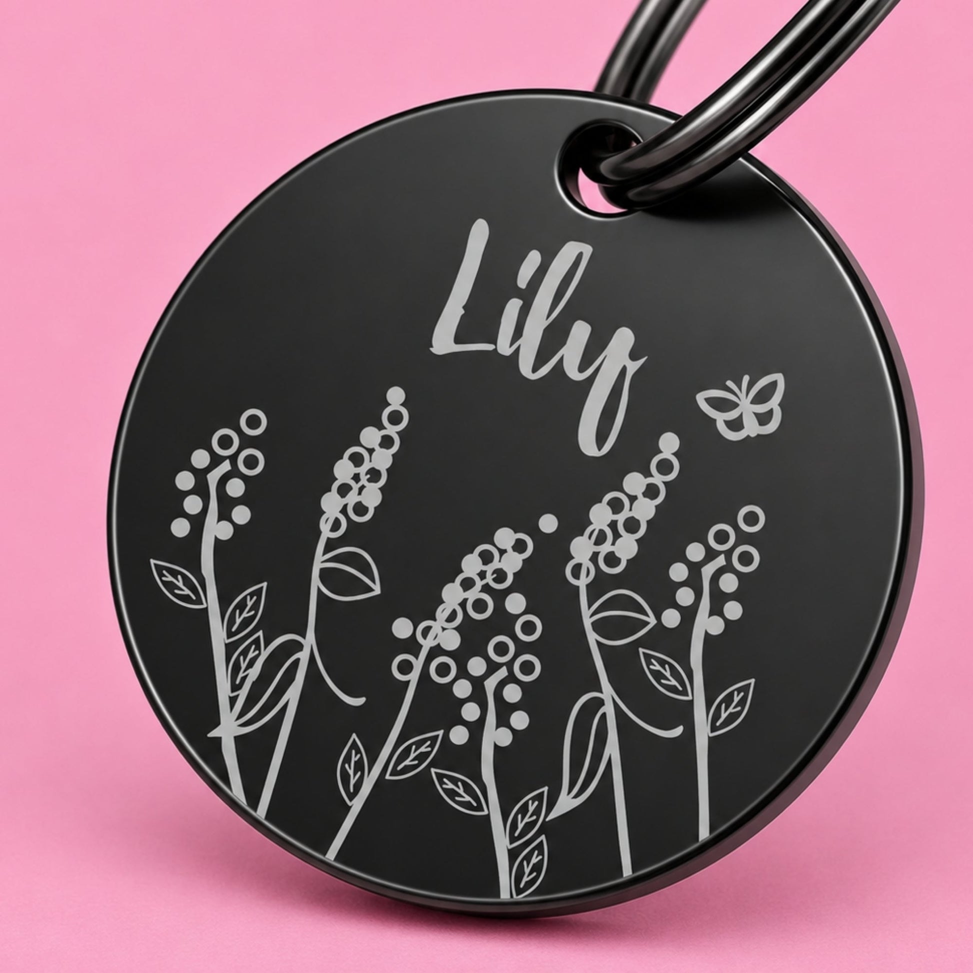 Lavender Engraved Dog Tag Circle Black