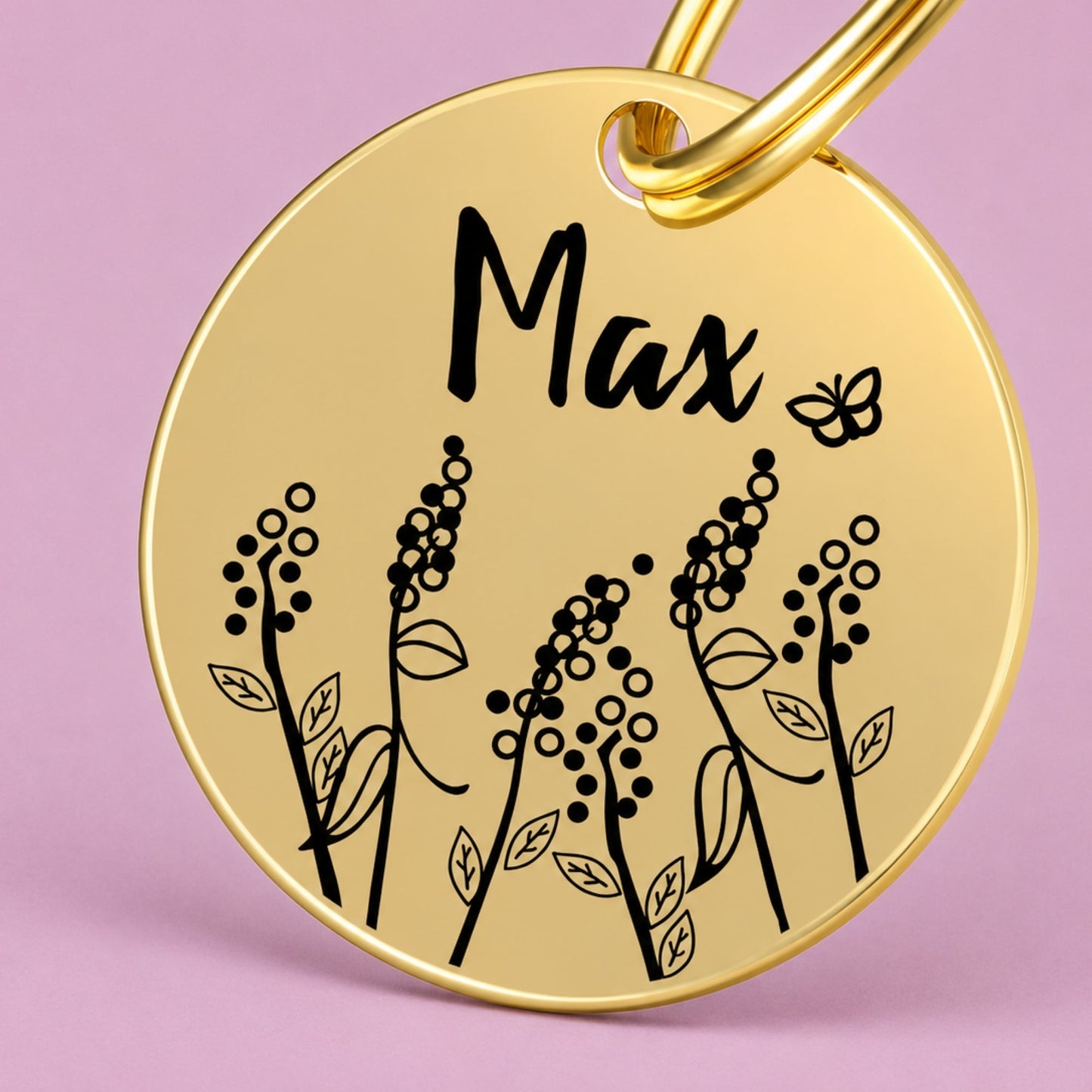 Lavender Engraved Dog Tag Circle Gold