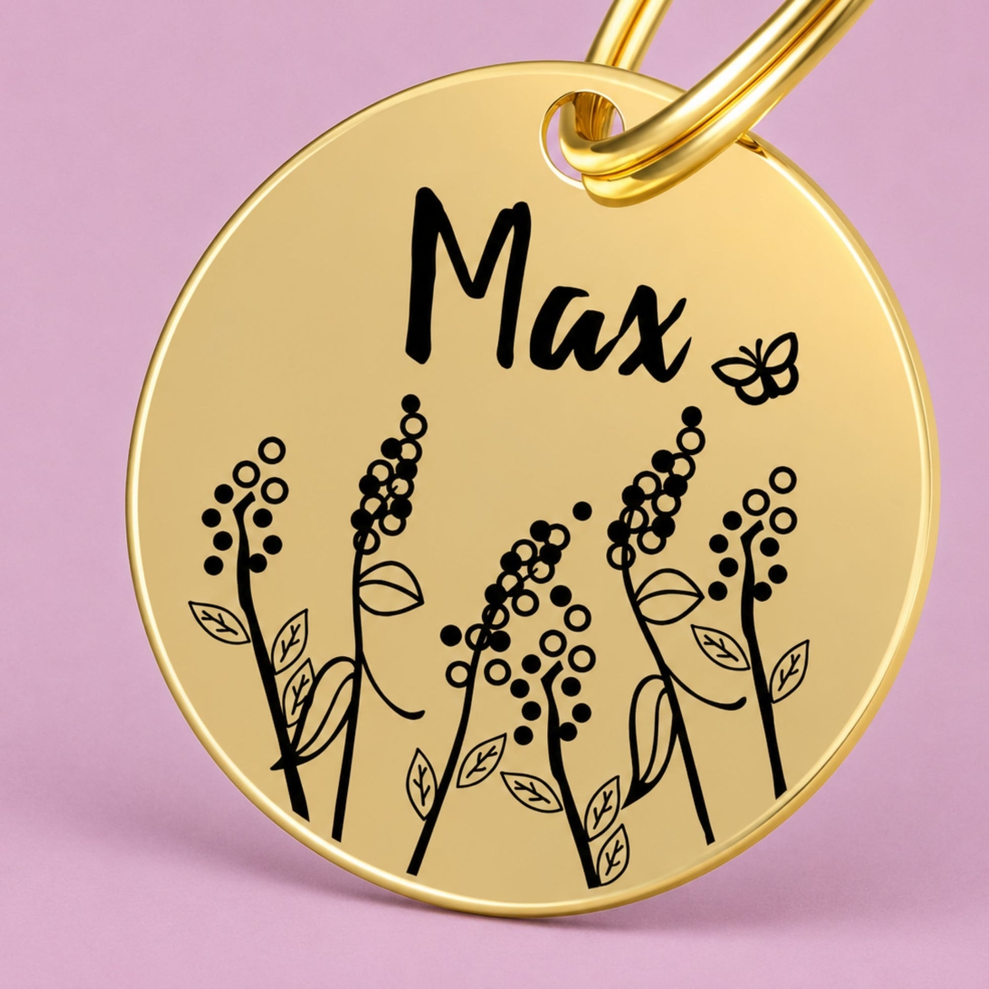 Lavender Engraved Dog Tag Circle Gold