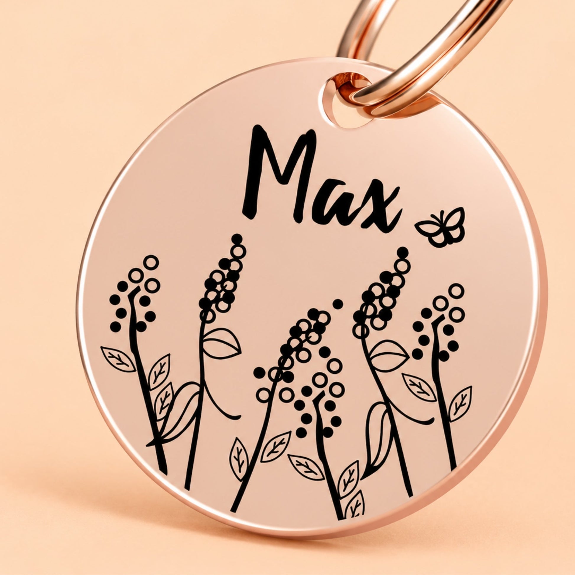 Lavender Engraved Dog Tag Circle Rose