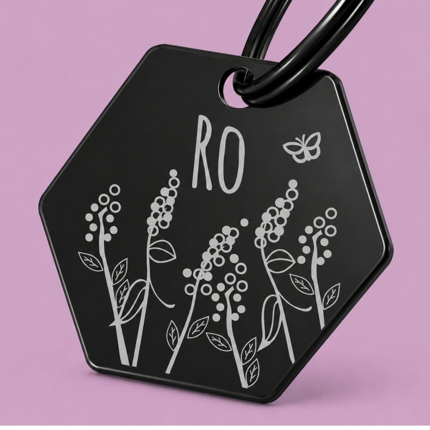 Lavender Engraved Dog Tag Hexagon Black