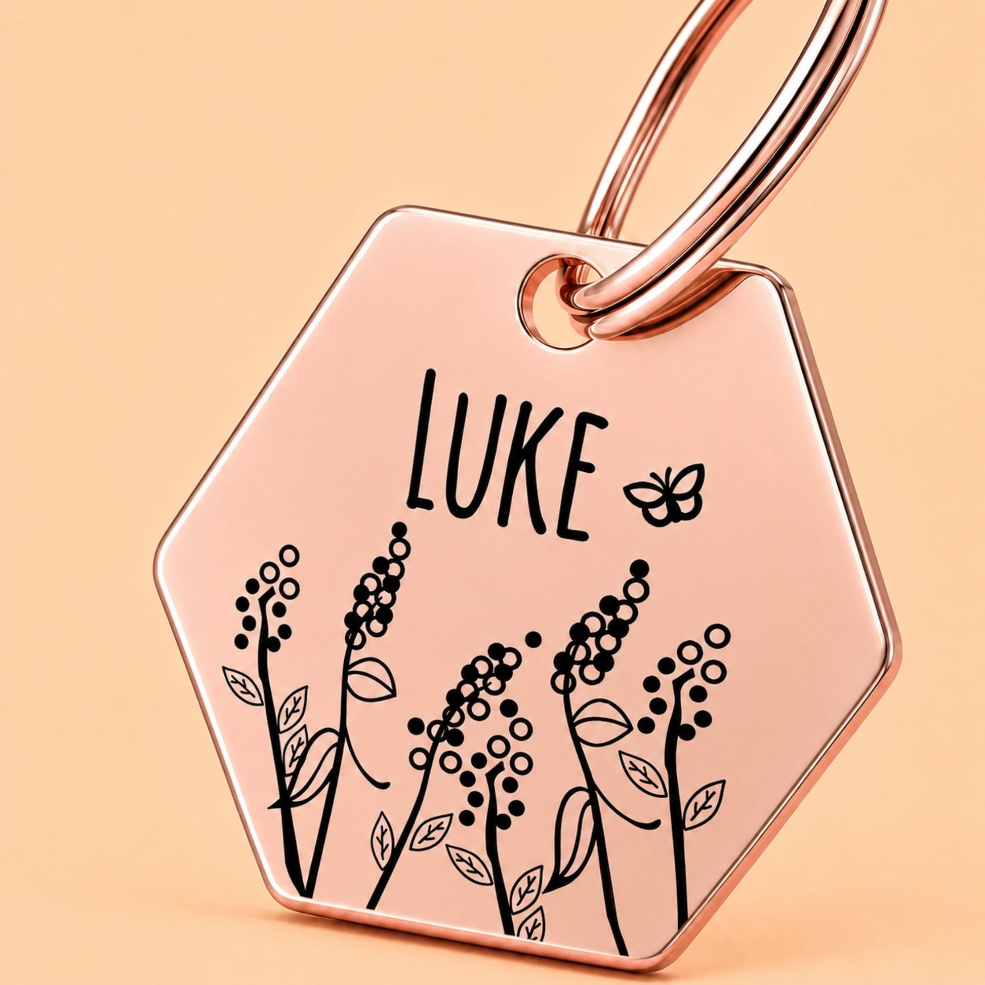Lavender Engraved Dog Tag Hexagon Rose