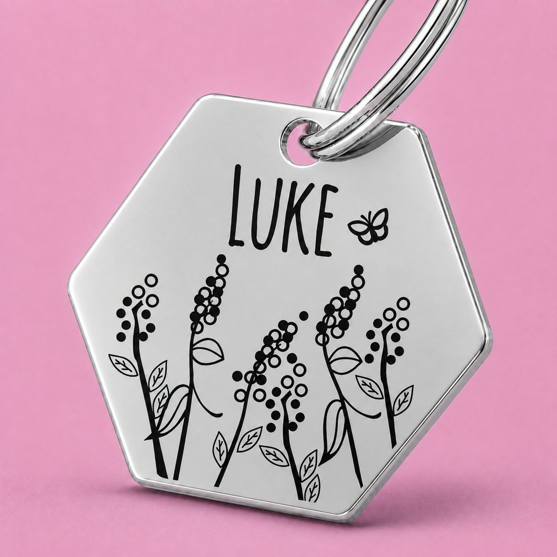 Lavender Engraved Dog Tag Hexagon Silver