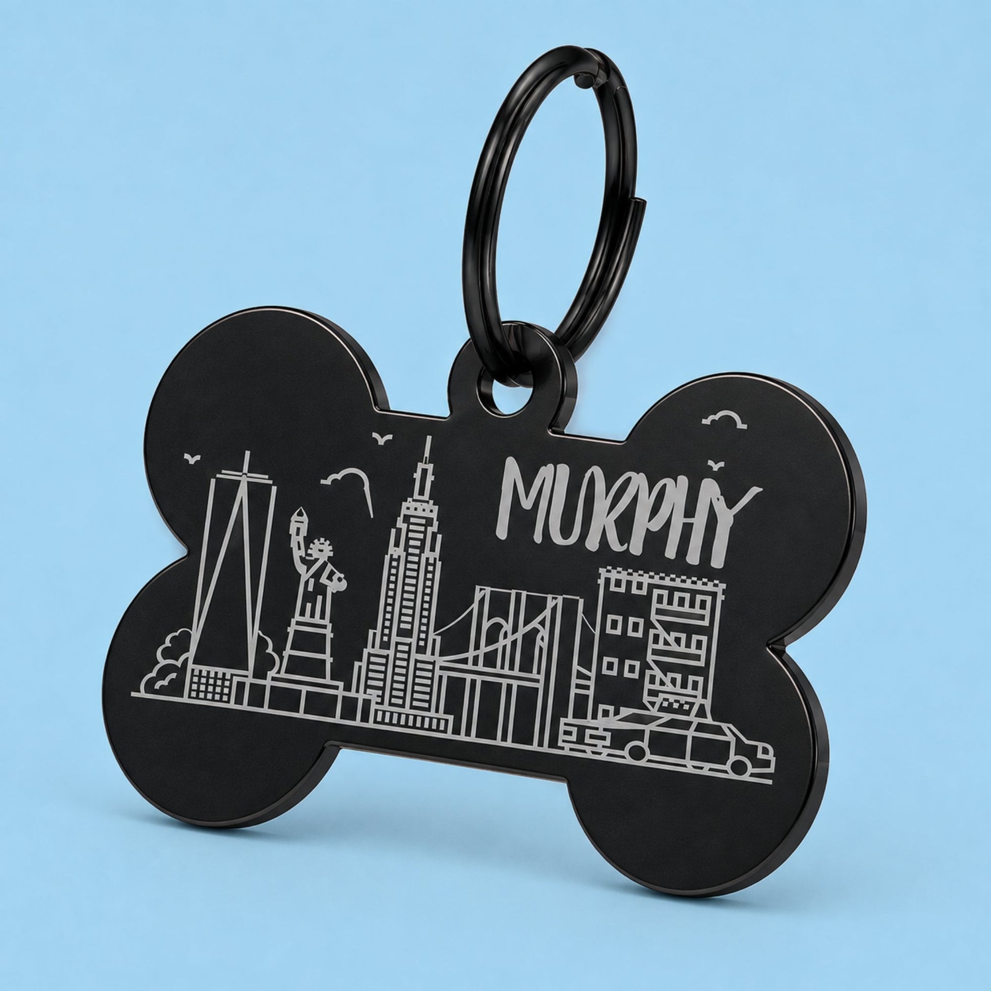 New York Engraved Dog Tag Bone Black
