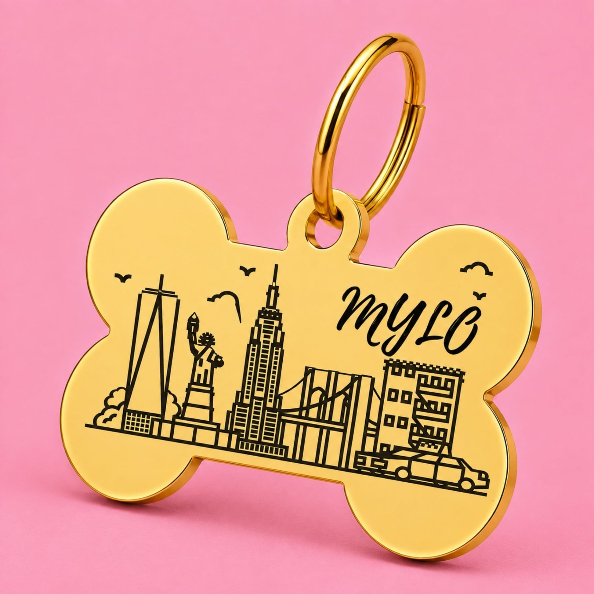 New York Engraved Dog Tag Bone Gold