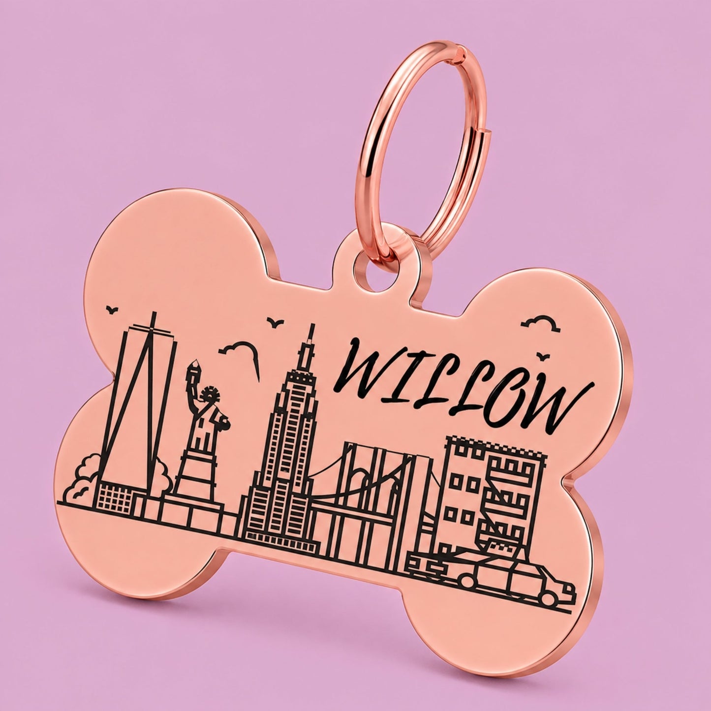 New York Engraved Dog Tag Bone Rose