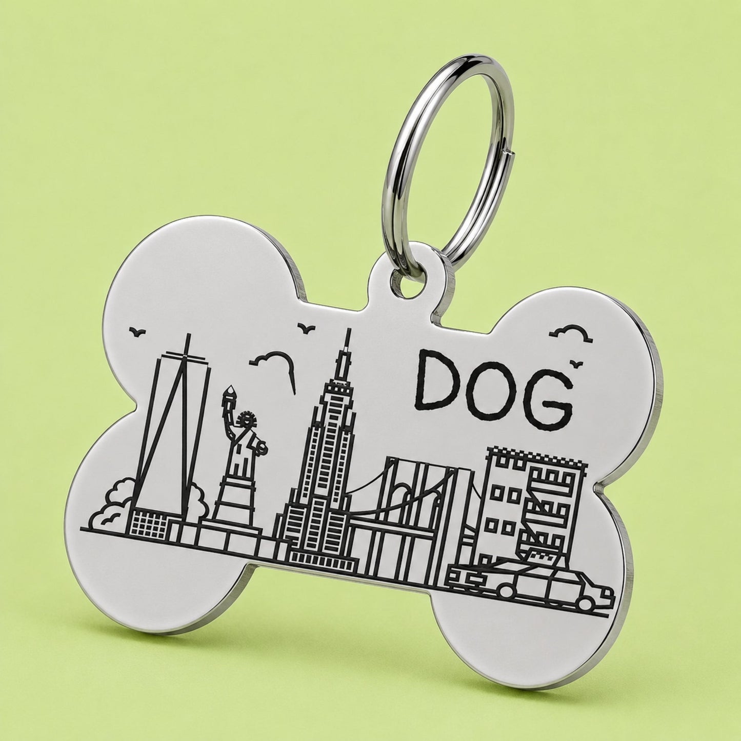 New York Engraved Dog Tag Bone Silver