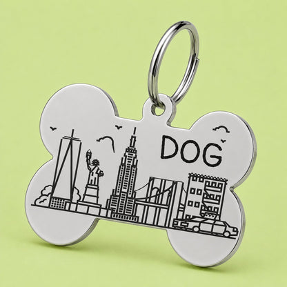 New York Engraved Dog Tag Bone Silver