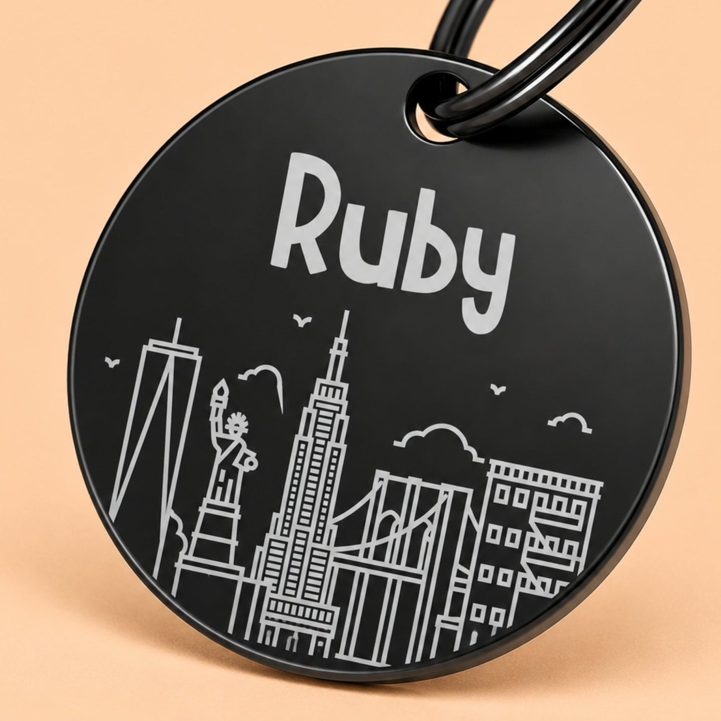 New York Engraved Dog Tag Circle Black