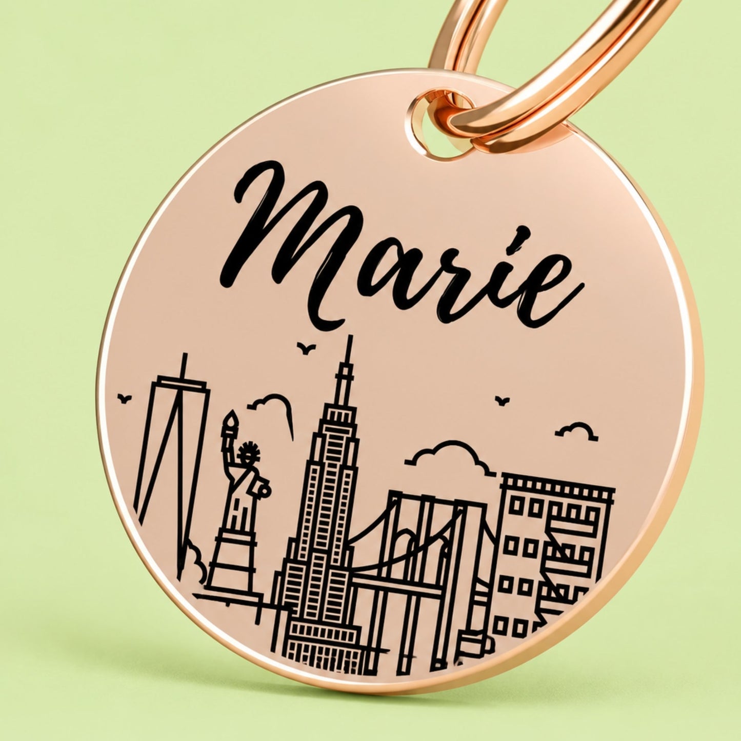 New York Engraved Dog Tag Circle Rose