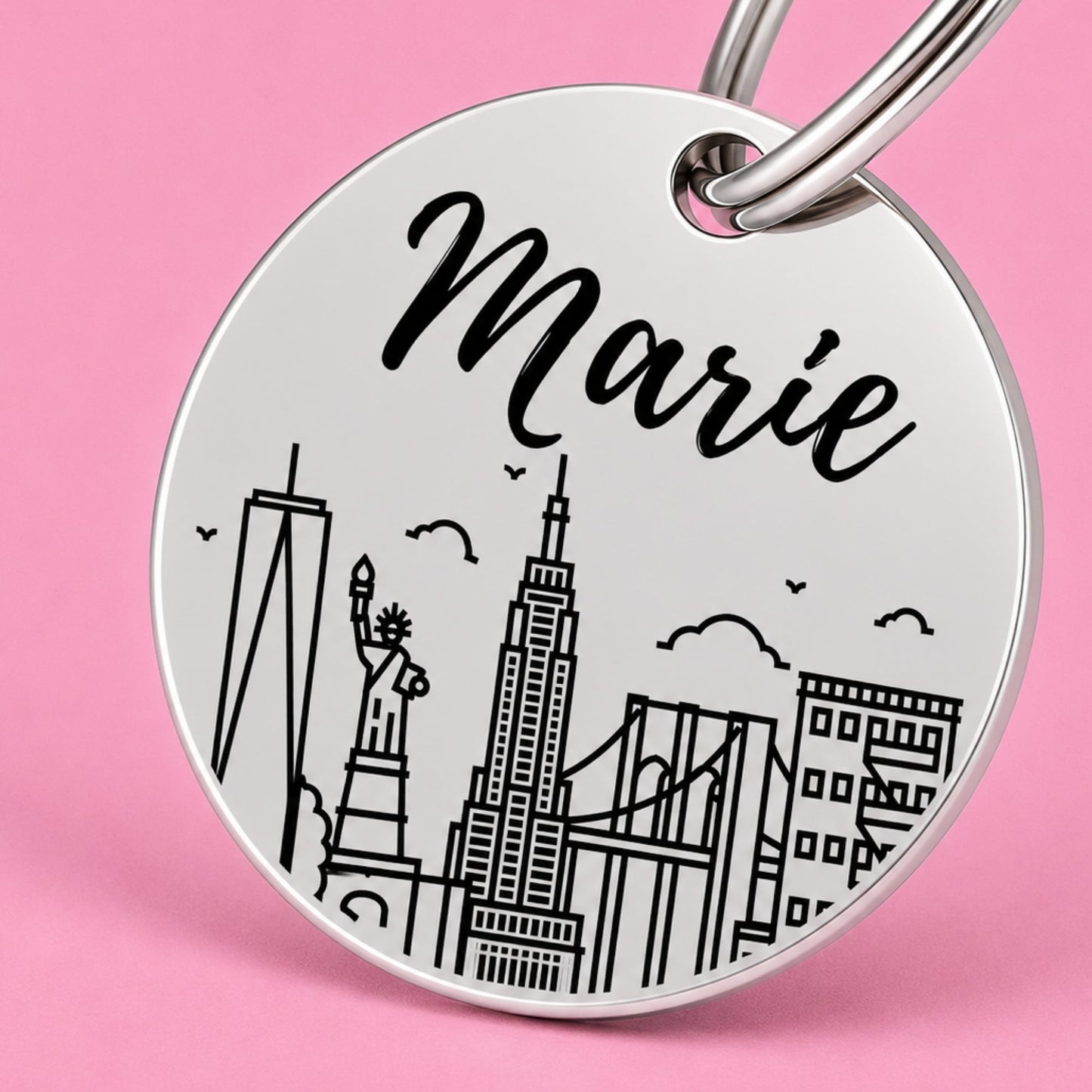 New York Engraved Dog Tag Circle Silver