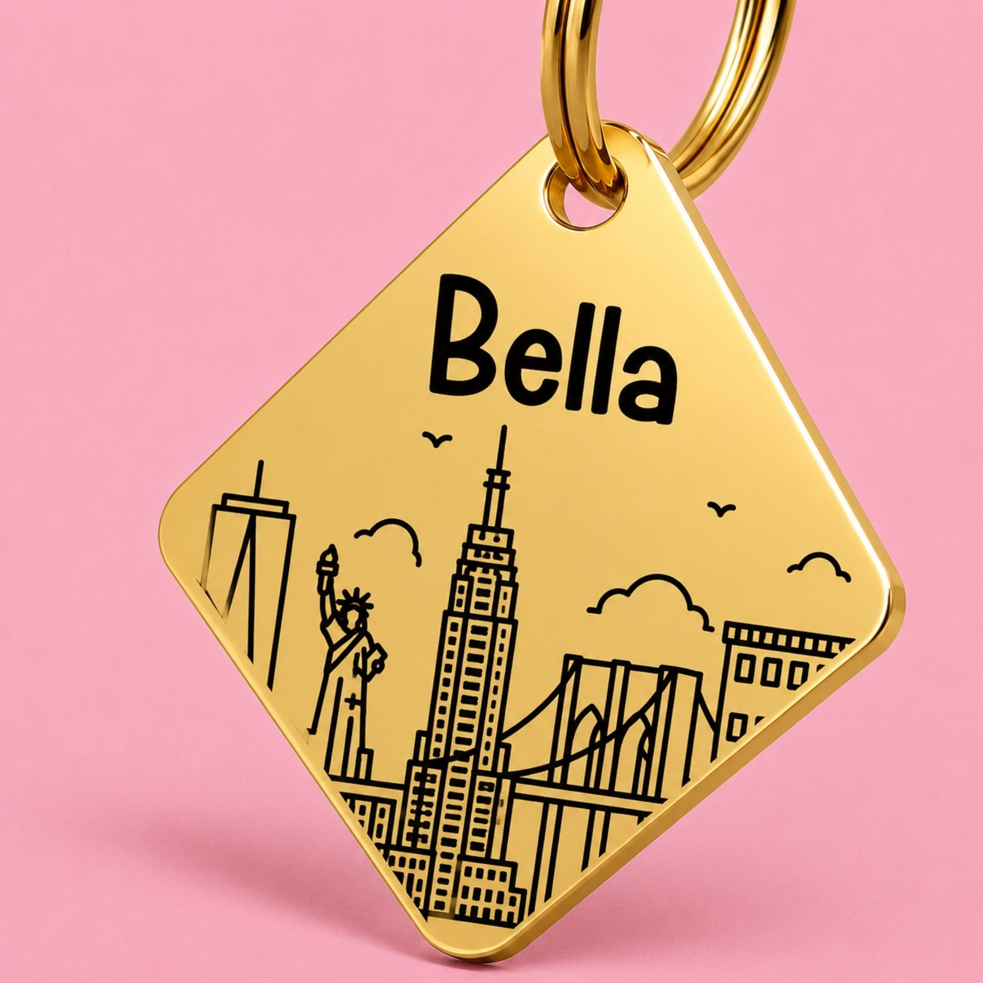 New York Engraved Dog Tag Diamond Gold