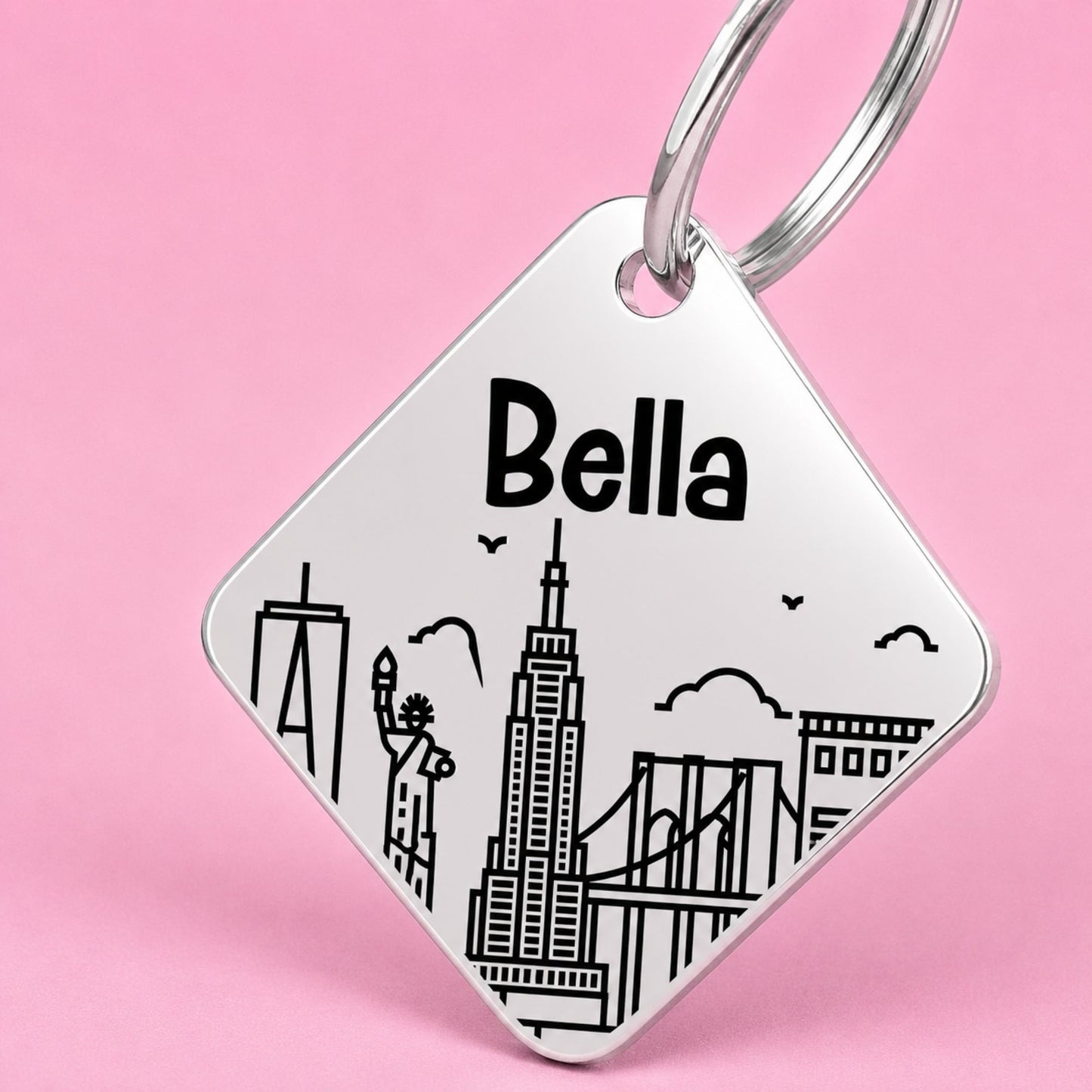 New York Engraved Dog Tag Diamond Silver
