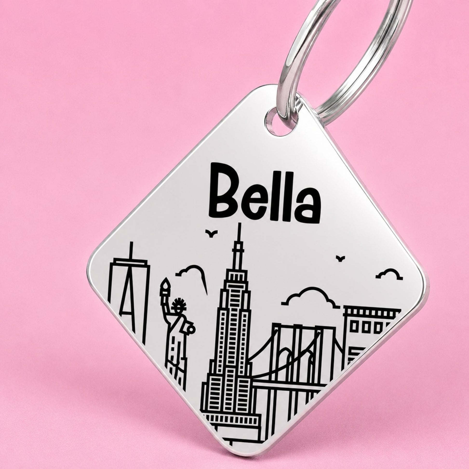 New York Engraved Dog Tag Diamond Silver