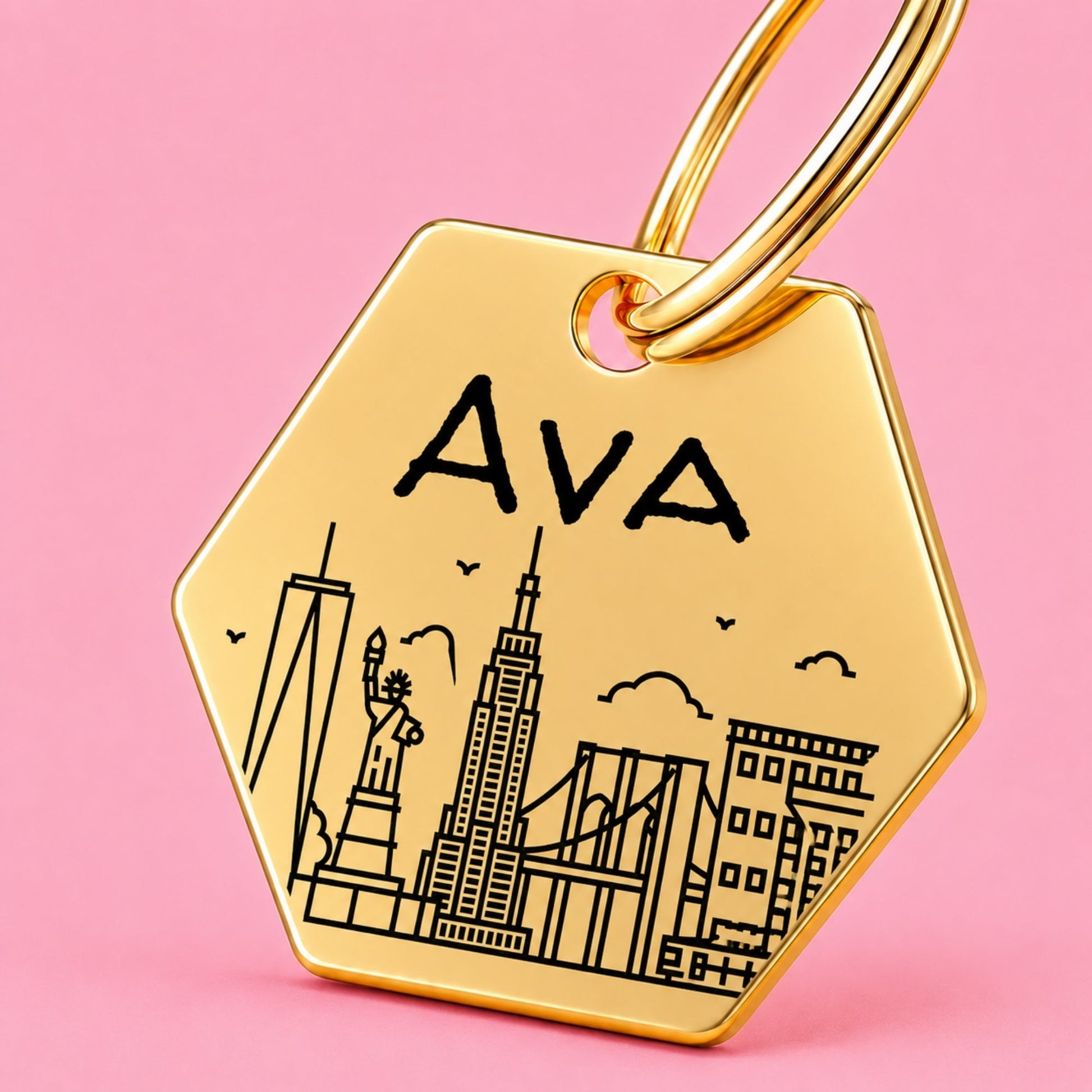New York Engraved Dog Tag Hexagon Gold