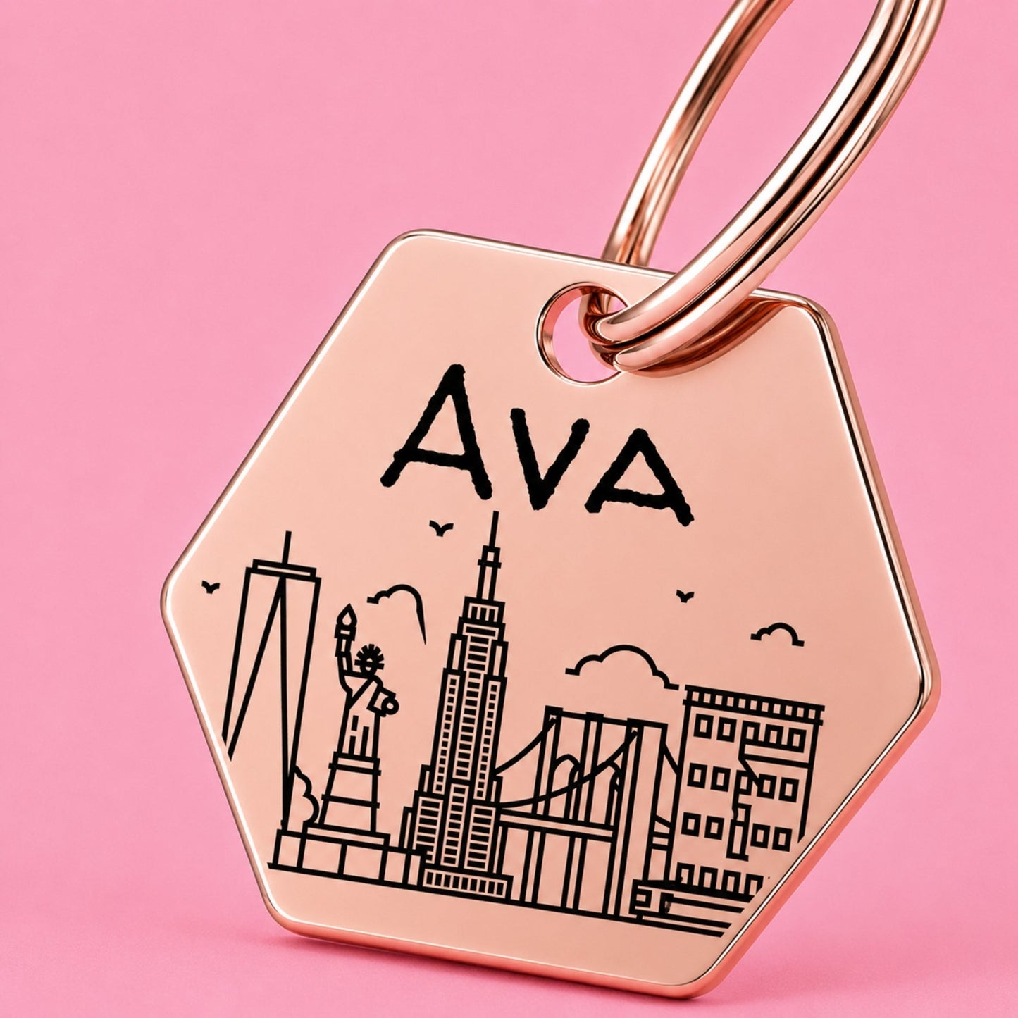 New York Engraved Dog Tag Hexagon Rose