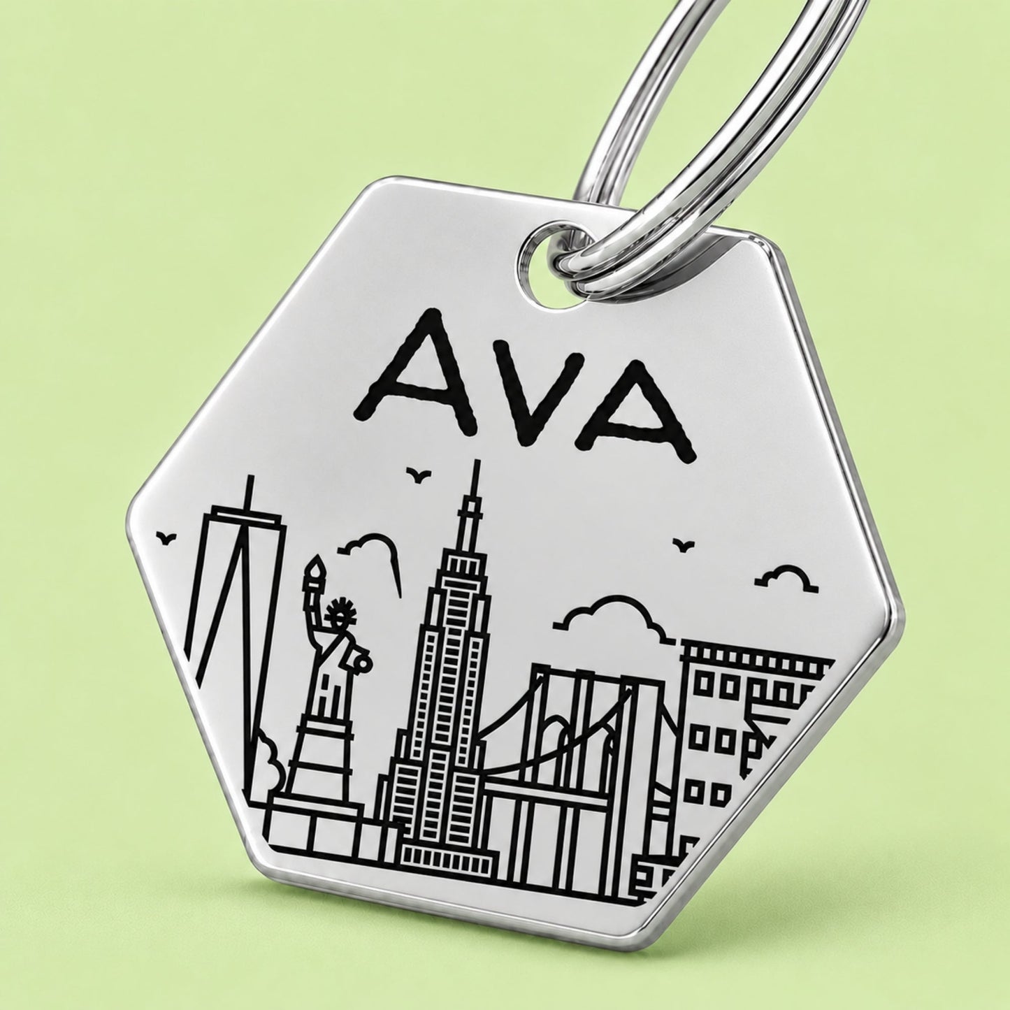 New York Engraved Dog Tag Hexagon Silver