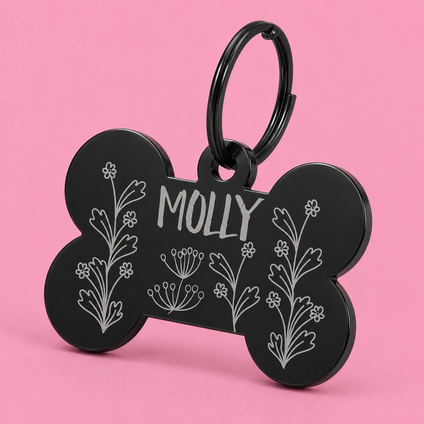 Wildflower Engraved Dog Tag Bone Black