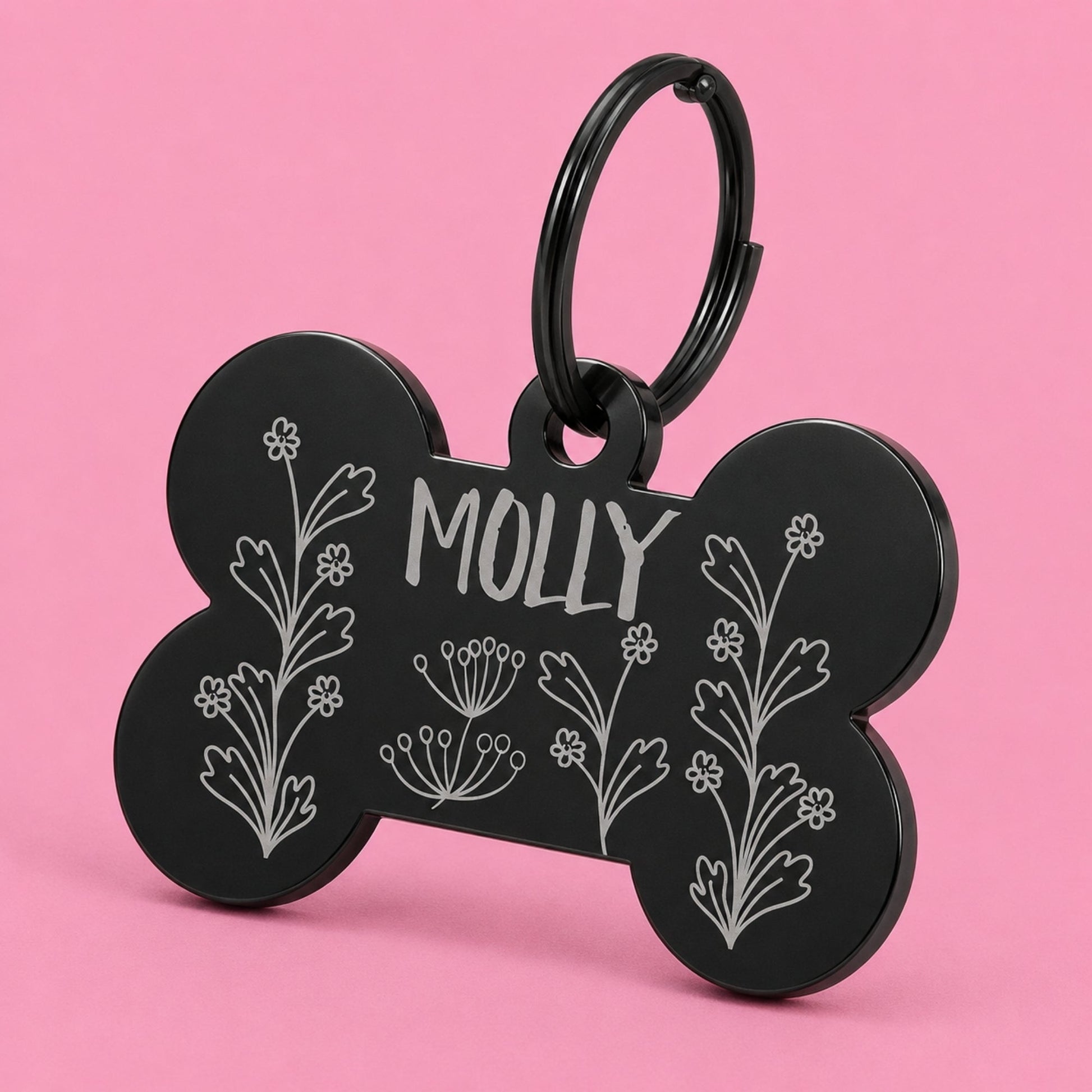 Wildflower Engraved Dog Tag Bone Black