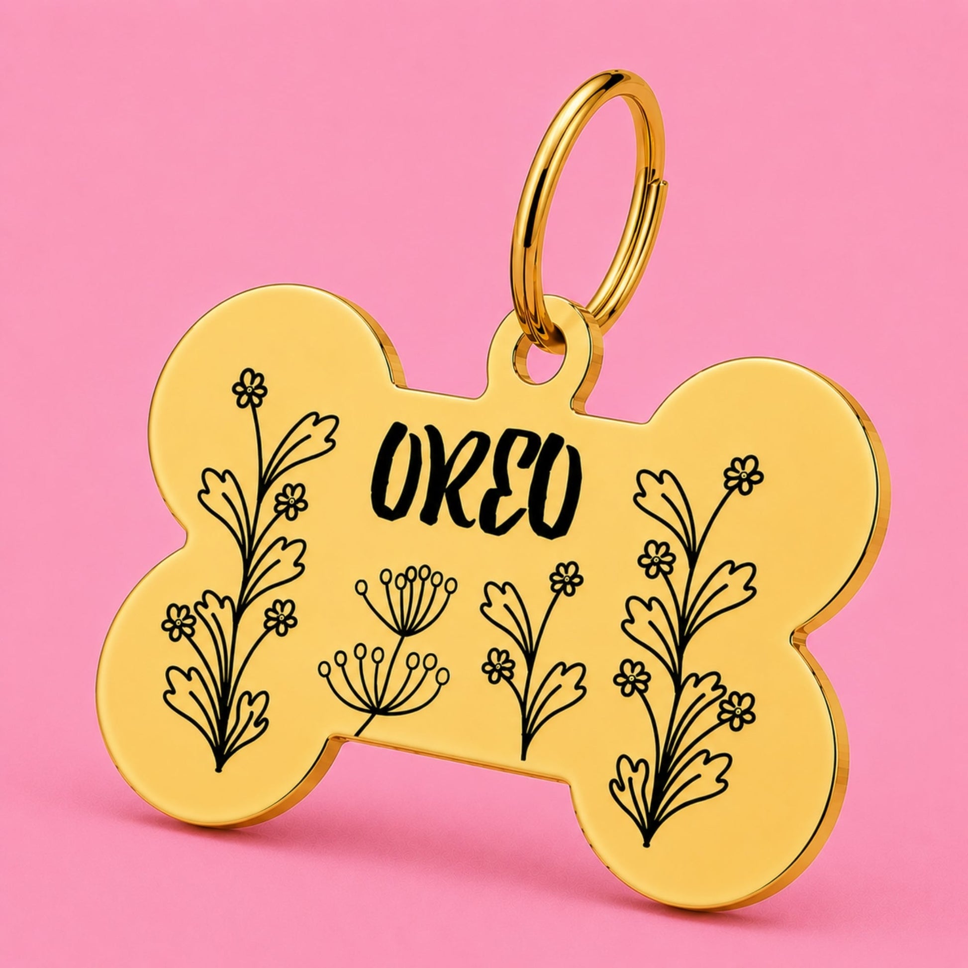 Wildflower Engraved Dog Tag Bone Gold