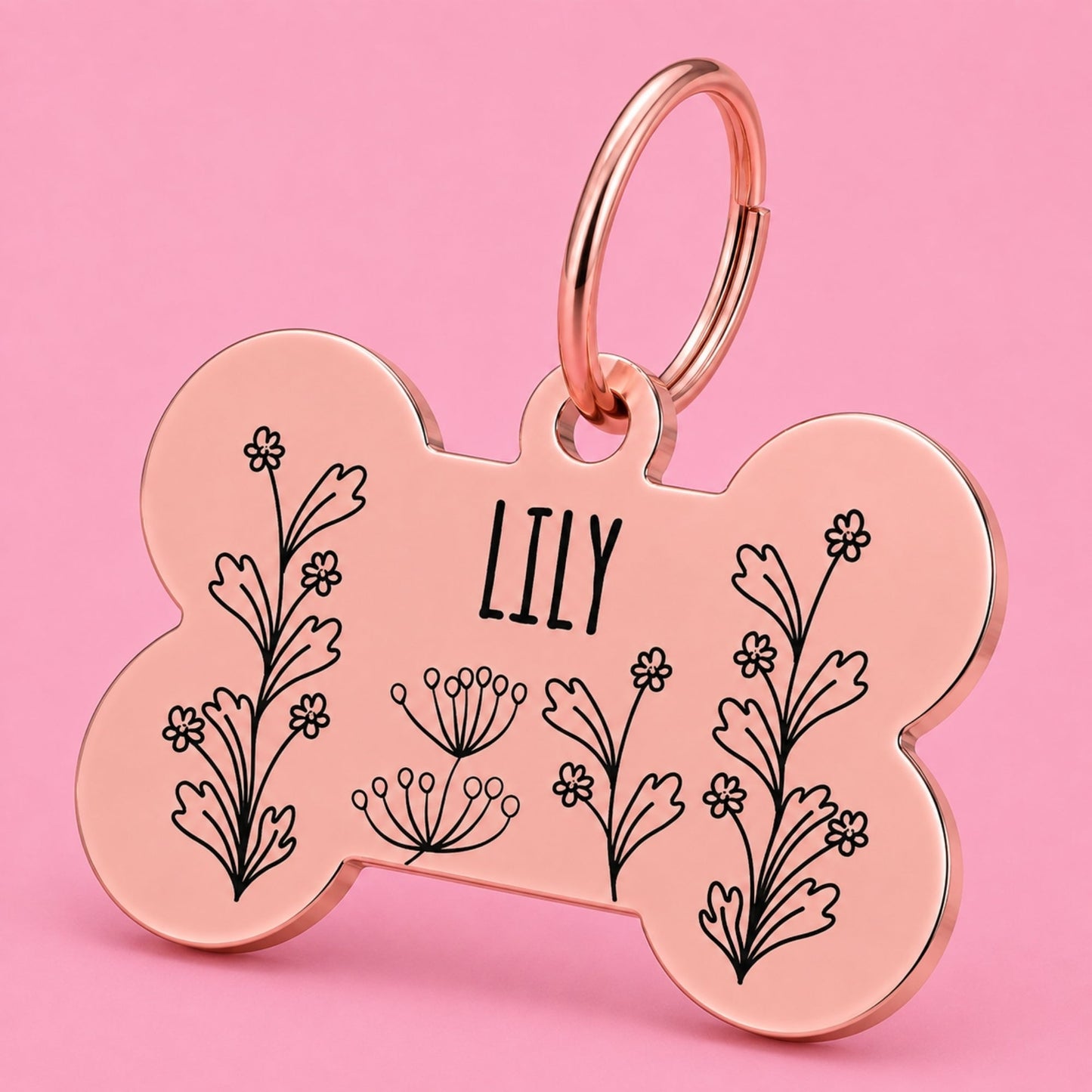 Wildflower Engraved Dog Tag Bone Rose