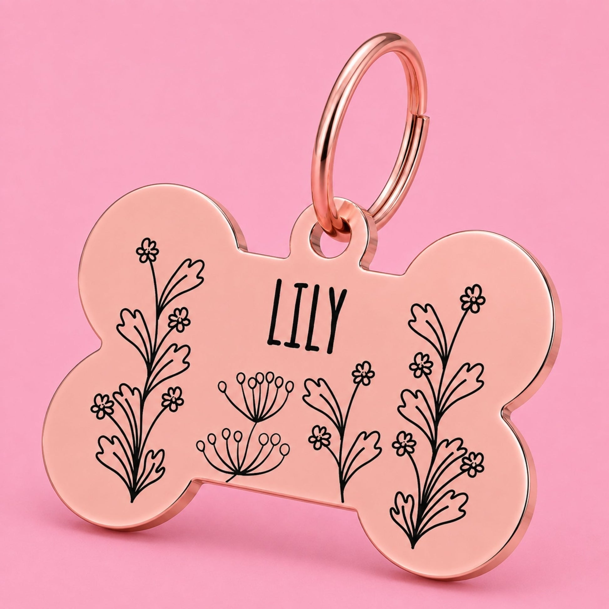 Wildflower Engraved Dog Tag Bone Rose