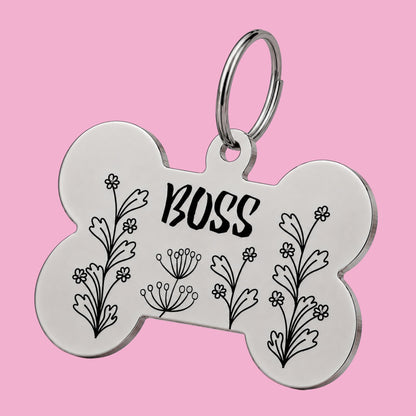 Wildflower Engraved Dog Tag Bone Silver