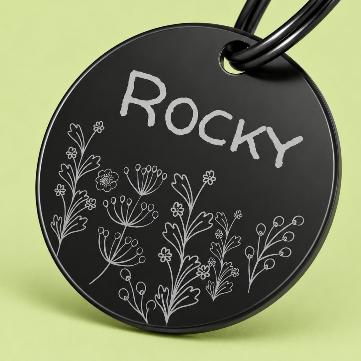 Wildflower Engraved Dog Tag Circle Black