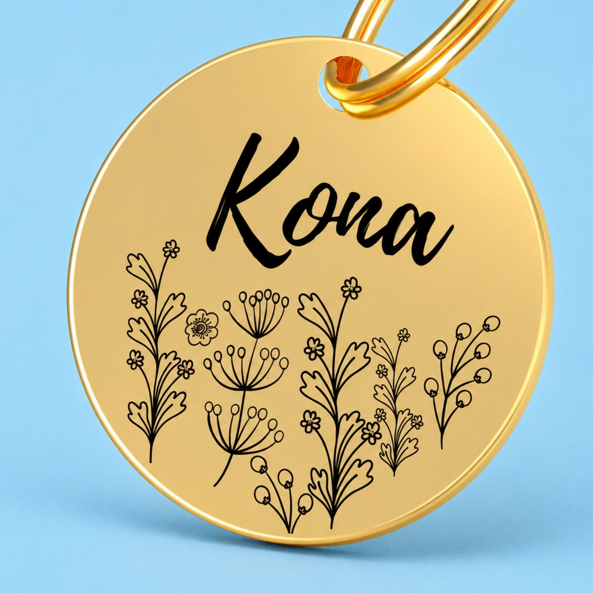 Wildflower Engraved Dog Tag Circle Gold
