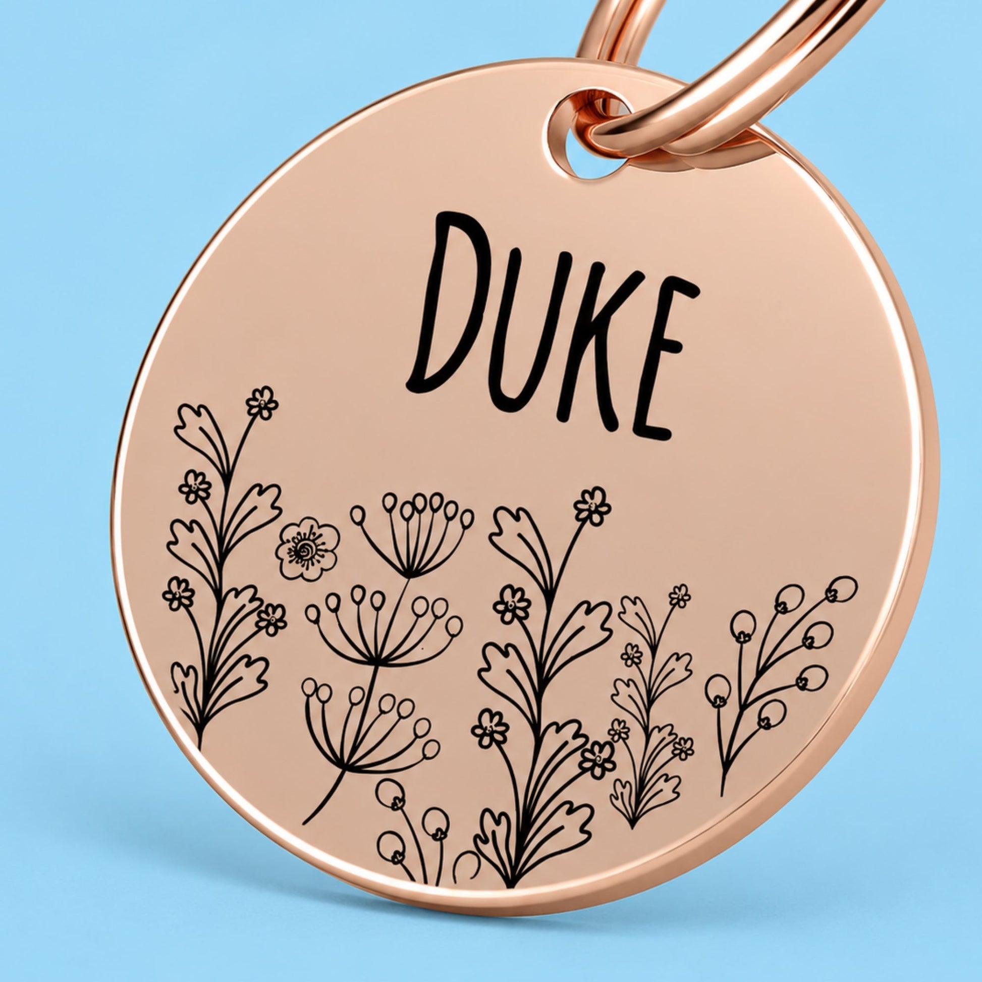 Wildflower Engraved Dog Tag Circle Rose
