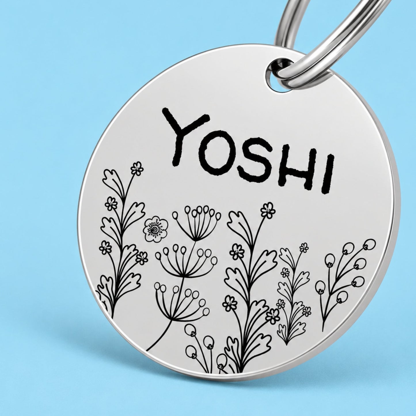 Wildflower Engraved Dog Tag Circle Silver