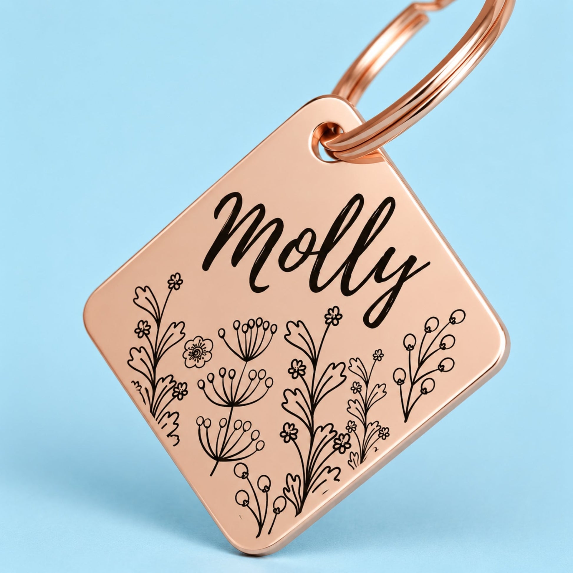 Wildflower Engraved Dog Tag Diamond Rose
