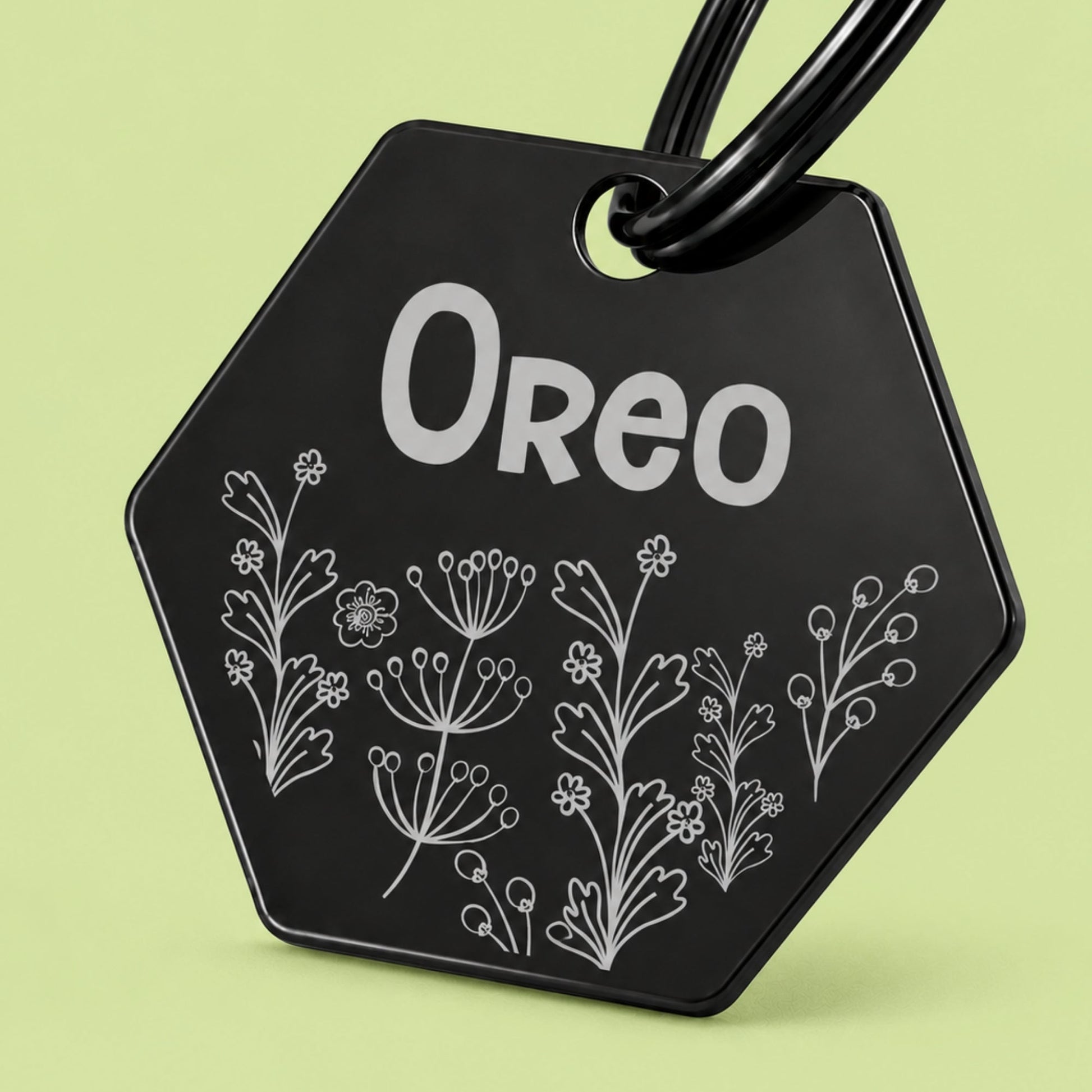 Wildflower Engraved Dog Tag Hexagon Black