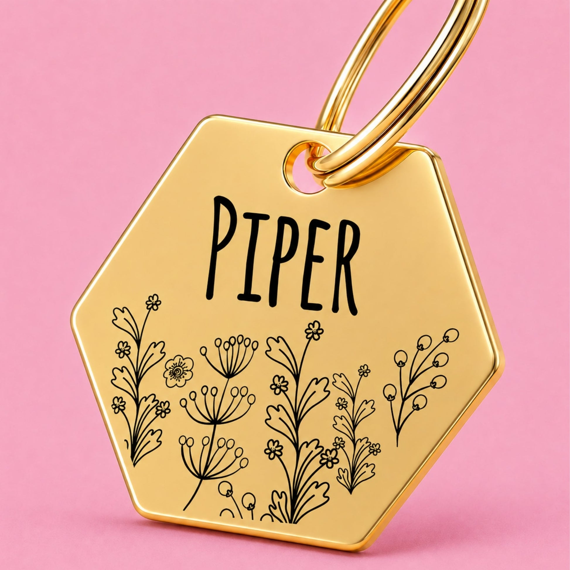 Wildflower Engraved Dog Tag Hexagon Gold