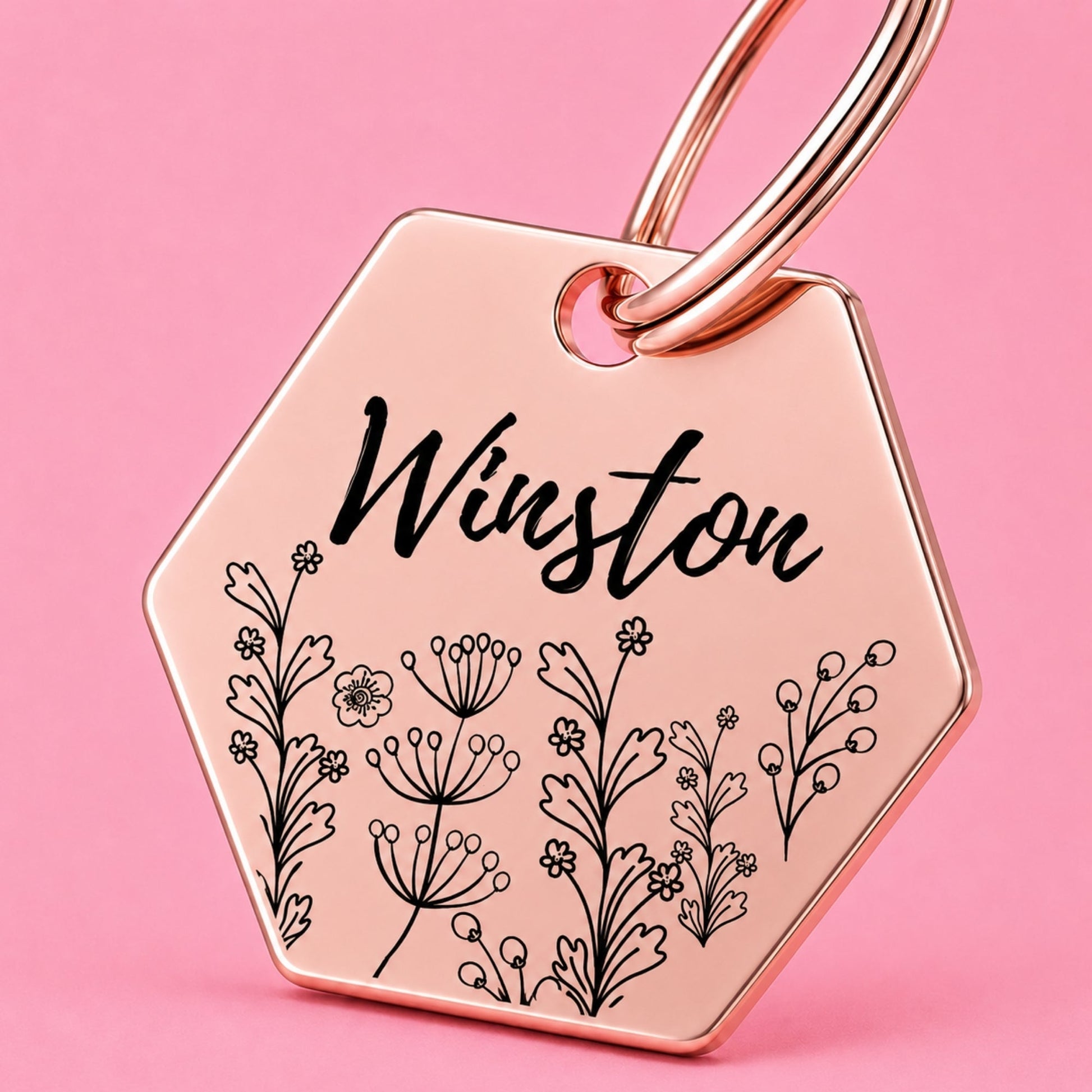 Wildflower Engraved Dog Tag Hexagon Rose