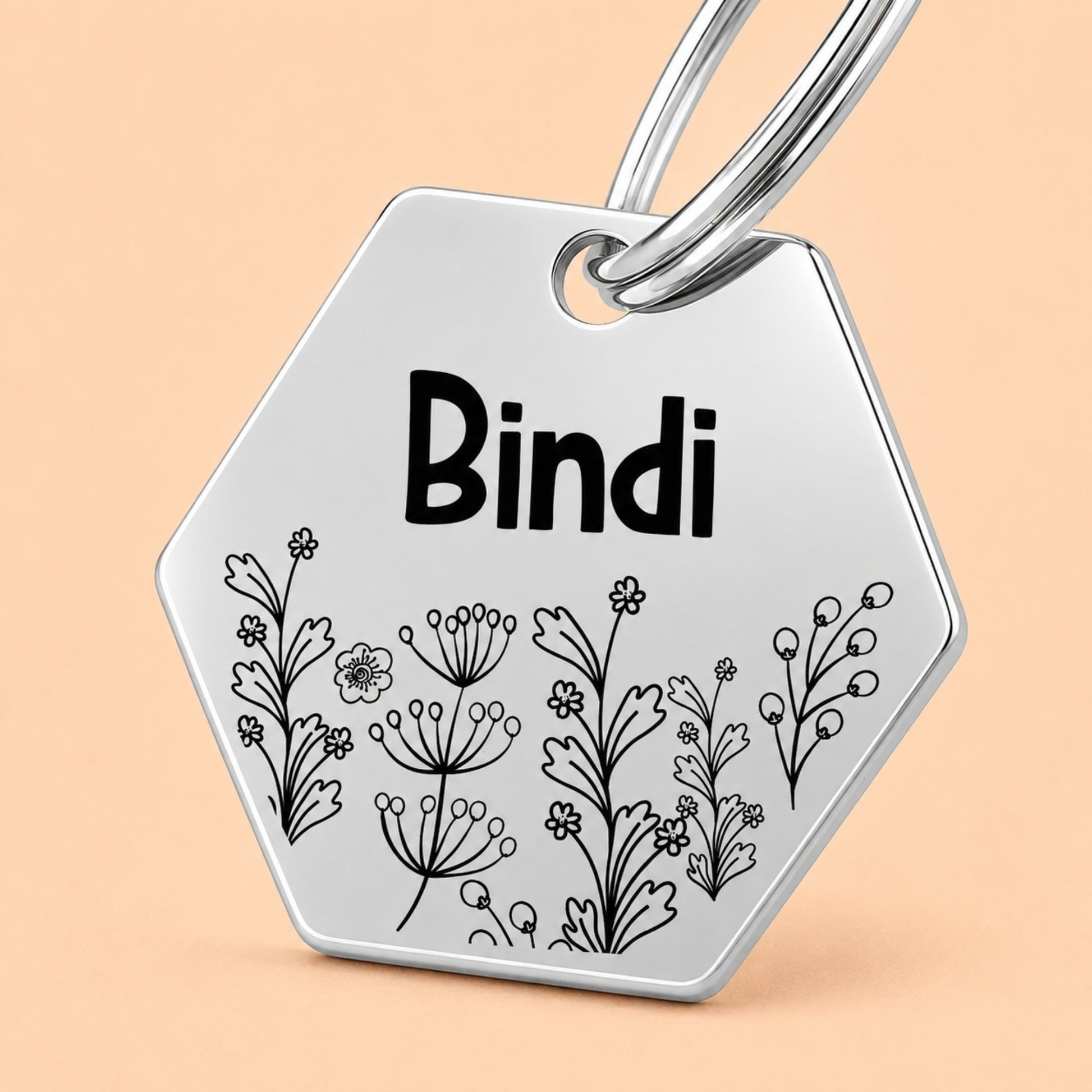 Wildflower Engraved Dog Tag Hexagon Silver