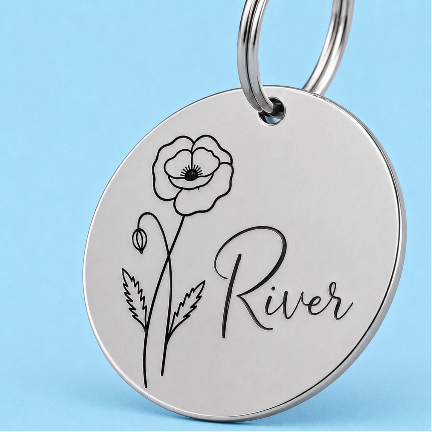 Birth Flower Dog Tag - Poppy Birth Flower Dog Tag, August